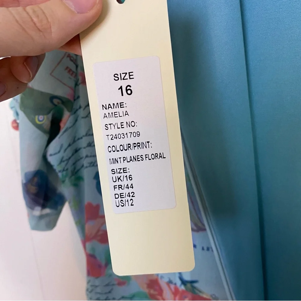 NWT Lindy Bop Retro Amelia Dress Mint Planes Floral Size US 12 Love Letters Blue - Picture 16 of 16